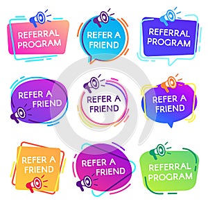 Refer friend badges. Referral program badge, salesperson megaphone marketing sticker and refer friends shopping label photo