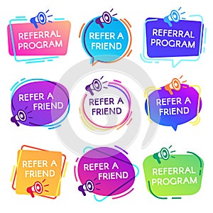 Refer friend badges. Referral program badge, salesperson megaphone marketing sticker and refer friends shopping label