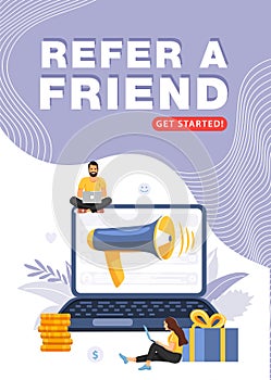 Refer a friend banner concept. People share info about referral program with laptop.