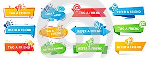 Refer a friend banner. Referral program label, friends recommendation and social marketing tag friend banners vector set photo