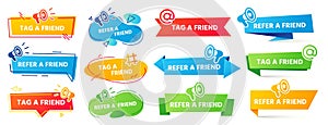 Refer a friend banner. Referral program label, friends recommendation and social marketing tag friend banners vector set