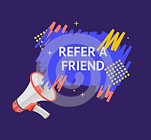 Refer a Friend Concept Ad Poster Card with Abstract Memphis Style Element. Vector