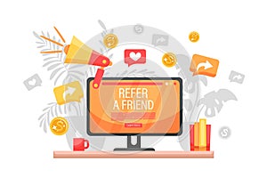 Refer A Friend Concept Design, People share info about referral and earn money with big loud-speaker. Suitable for web