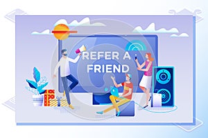 Refer a friend concept. Friend Sharing Referral Code. Vector illustration with character, landing page