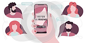 Refer a friend concept. Hand holding phone. Business strategy with group of people. Network marketing. Referral program.