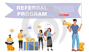 Refer a friend concept. Man holding a flag with referral program word and shouting on megaphone.