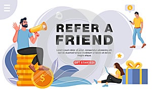 Refer a friend concept. Man with a megaphone invites his friends to referral program.