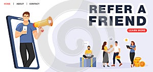 Refer a friend concept. Man with a megaphone invites his friends to referral program.