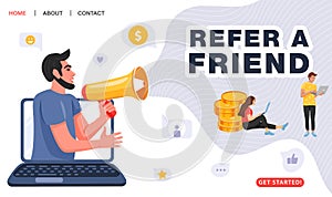 Refer a friend concept. Man with a megaphone invites his friends to referral program.