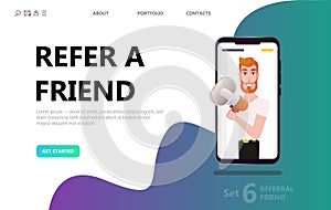 Refer a friend concept, man people shout on megaphone