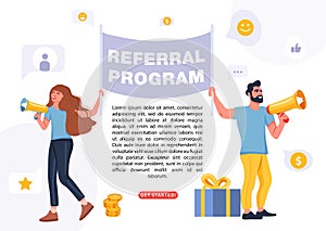 Refer a friend concept. People holding a flag with referral program word.