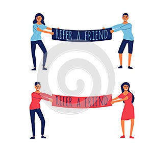 refer a friend a couple holding a placard