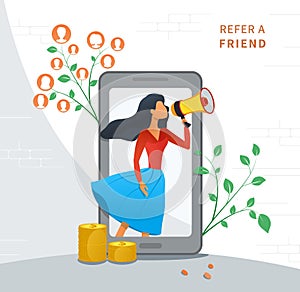 Refer a friend,  earn money, customer loyalty reward app program, referral marketing strategy young woman shout on megaphone refer