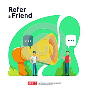 refer a friend illustration concept. affiliate marketing strategy. people character shout megaphone sharing referral business