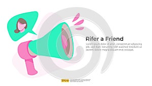 refer a friend illustration concept. affiliate marketing strategy. people character shout megaphone sharing referral business