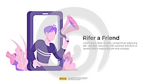 refer a friend illustration concept. affiliate marketing strategy. people character shout megaphone sharing referral business