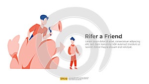 refer a friend illustration concept. affiliate marketing strategy. people character shout megaphone sharing referral business