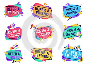 Refer friend labels. Referral program for marketing badges with loudspeaker. Friendly recommendation vector suggestion