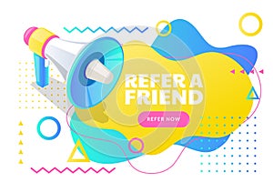 Refer a friend poster, banner design. Vector 3d isometric illustration for business marketing, referral network program