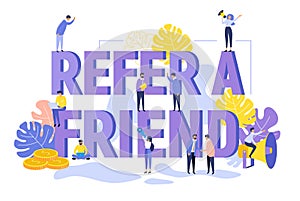 Refer a friend text concept background with people shouting in megaphone word vector illustration