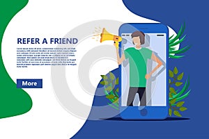 Refer a friend vector business poster, Referral person with megaphone buzz alert. Money job recommend marketing template.