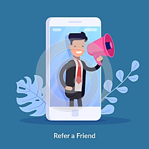 Refer a friend vector illustration concept. Digital business. People shout on megaphone with refer a friend word. Can