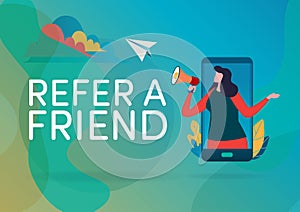 Refer a friend vector illustration. People use megaphone with refer a friend word in smartphone background. Flat cartoon character