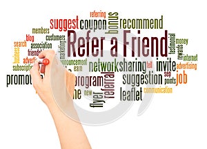 Refer a Friend word cloud hand writing concept