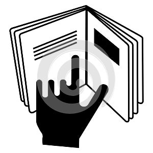 Refer to insert cosmetics symbol, a hand pointing at a book icon, vector illustration.