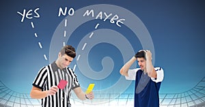 Referee giving player red or yellow card for foul and Yes No Maybe text with arrows graphic