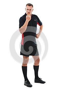 Referee man, portrait and angry whistle blow, soccer foul and warning in match or game isolated on white background