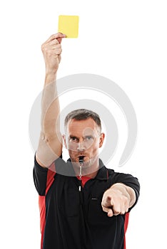 Referee man portrait, yellow card and hand warning while pointing for soccer rules, penalty or fail. Fitness coach sign