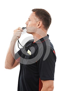 Referee man, whistle and face profile with soccer foul and warning in match or game isolated on white background. Sports