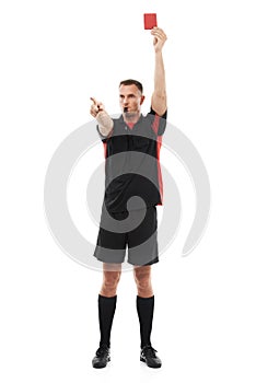 Referee man, whistle and red card hand warning while pointing for soccer rules, penalty or fail. Football man or coach