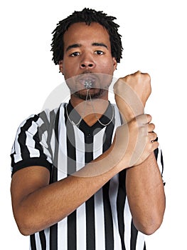 Referee with play gesture