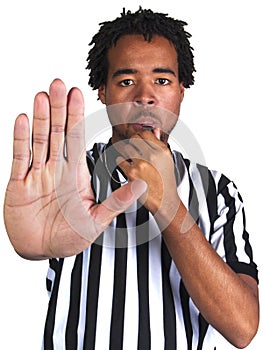 Referee with play gesture