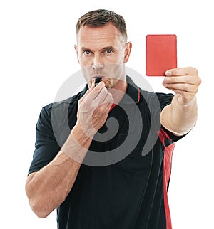 Referee portrait, red card and whistle for hand warning for soccer rules, penalty or fail in studio. Football coach sign