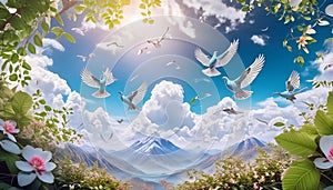 The clear sky with clouds and in itari Bungan and pigeons fly