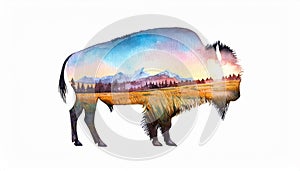 Bison, double-exposure, watercolor