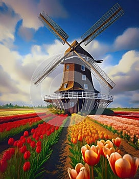 Windmill in bulbfield dutch landscape cartoon