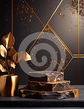 Luxury podium with golden leaves and black marble background, elegant 3D abstract product display with gold accents