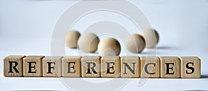 REFERENCES - word on a wooden block on a white background with wooden balls