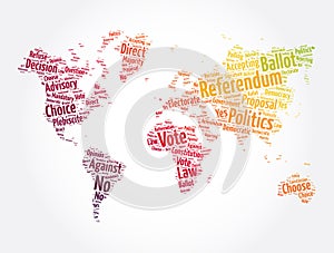 Referendum word cloud in shape of world map, concept background