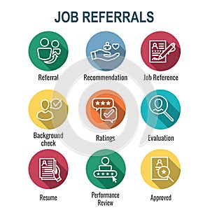 Referral Job Reference Icon Set with recommendations, performance review, etc