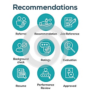 Referral Job Reference Icon Set with recommendations, performance review, etc