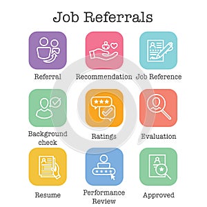 Referral Job Reference Icon Set with recommendations, performance review, etc