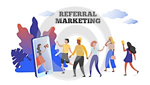 Referral marketing. Communication influence advertising concept, refer your friend client loyalty program. Vector photo
