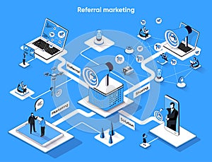 Referral marketing isometric web banner. Refer a Friend flat isometry concept. Sharing business info, social media