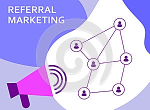 Referral marketing, network marketing, megaphone with Refer a friend word flat  i