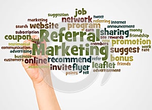 Referral Marketing word cloud and hand with marker concept